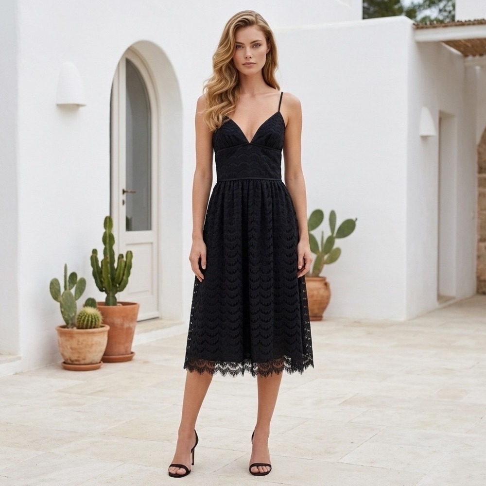 Black Lace Midi Dress V-Neck Spaghetti Strap Scalloped Hem Dark Fairy Whimsigoth